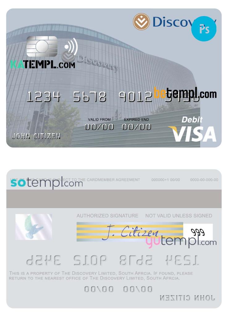 South Africa Discovery Limited visa debit card template in PSD format